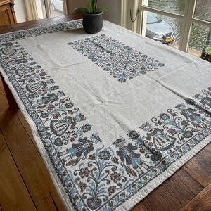 Austria Blue Tablecloth Linen Tapestry Style Man Woman Border Folk Art 74X49”